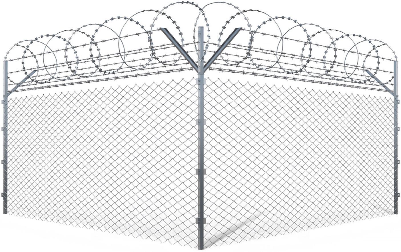 Chain-link fence corner topped with barbed wire and razor wire security barrier