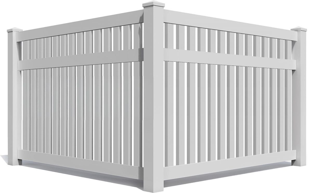White vinyl privacy fence corner section with posts and vertical slats