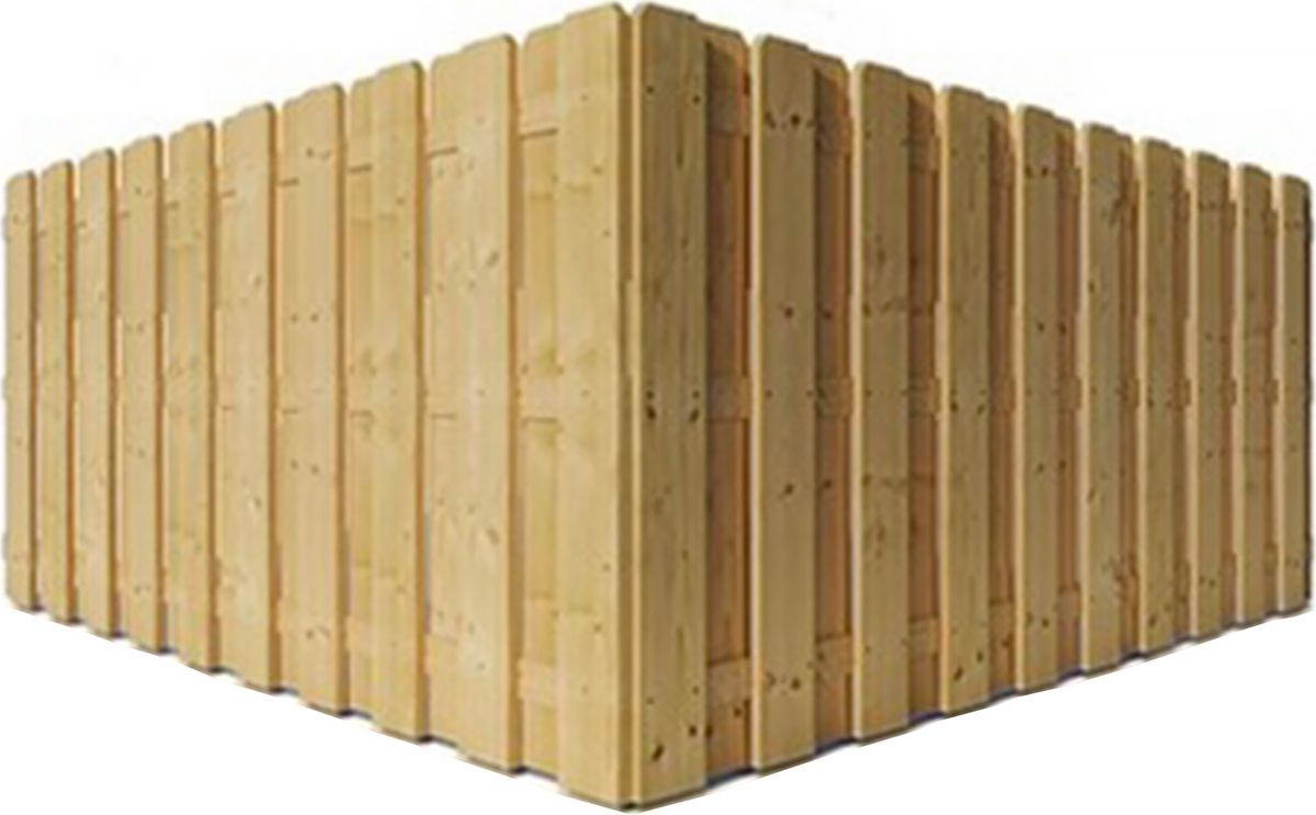 Corner view of a light wooden privacy fence with vertical slats