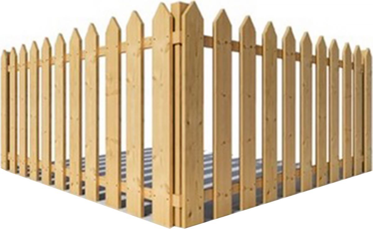 Wooden picket fence enclosure with pointed tops, viewed at an angle on a white background