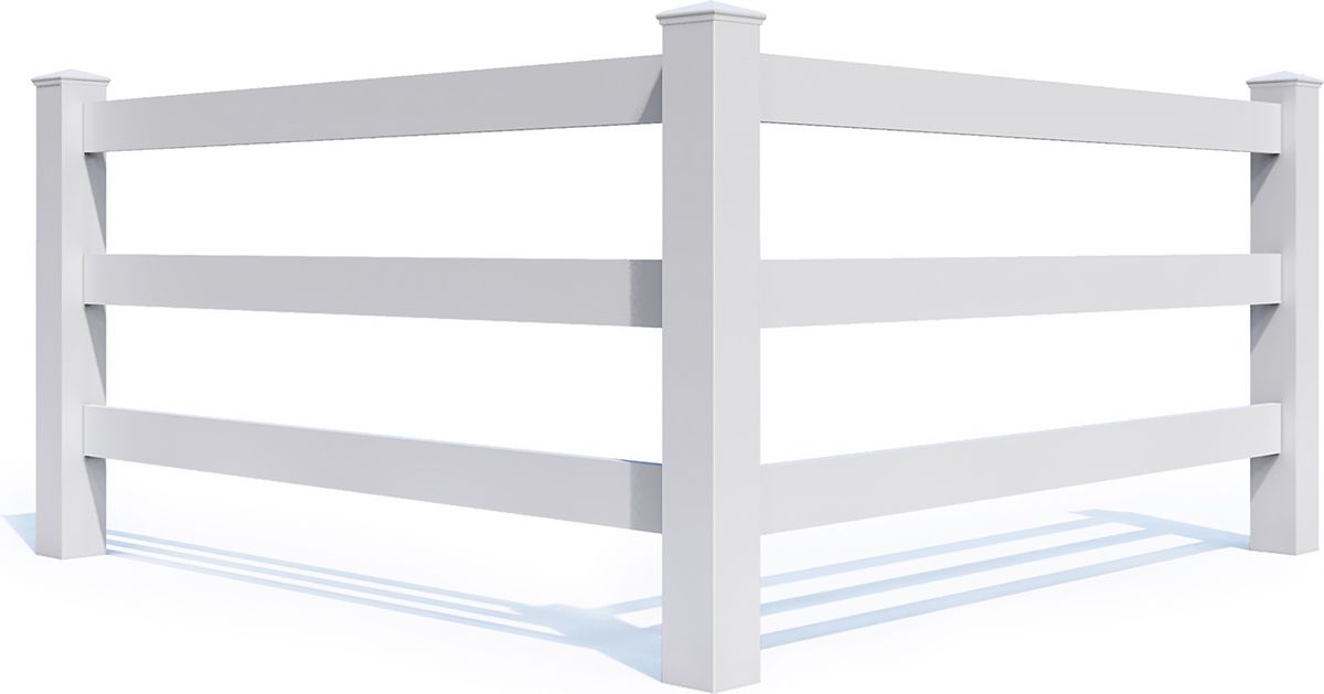 White wooden fence with three horizontal rails and corner posts on a plain background