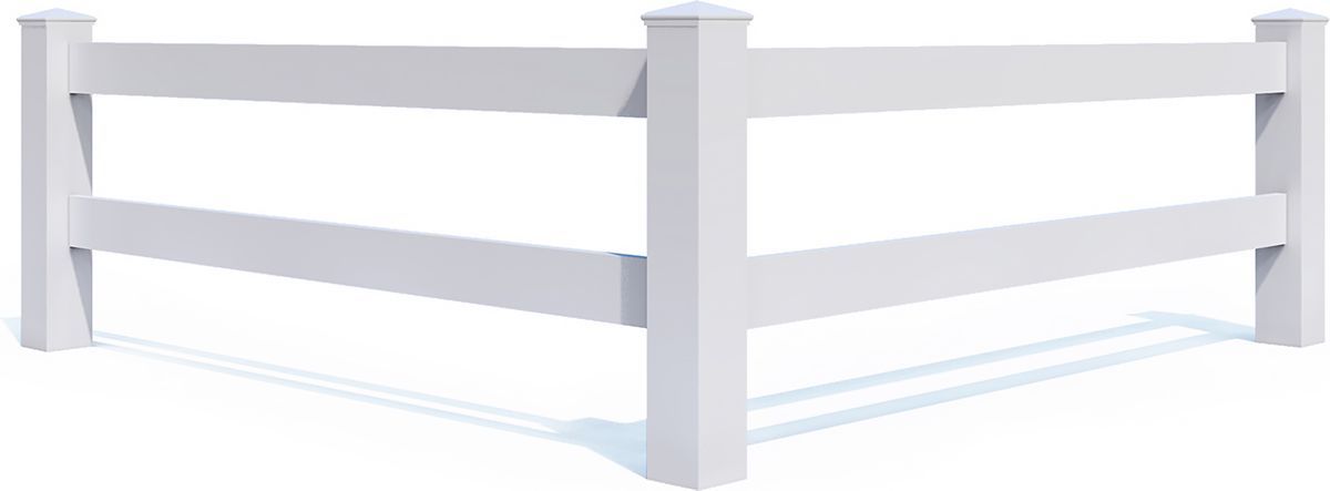White three-rail vinyl fence corner with posts, isolated on a light background