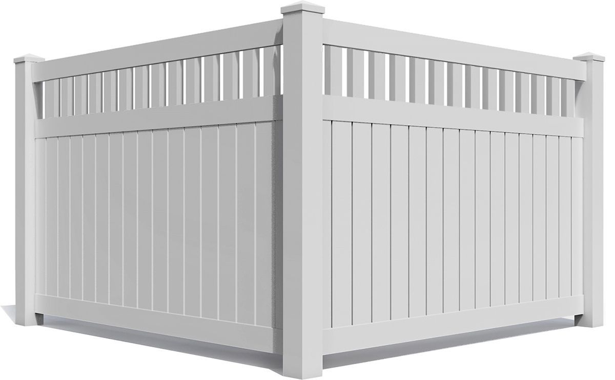 White vinyl privacy fence corner with posts and vertical slats