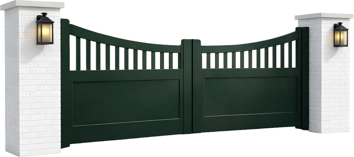 Dark green double driveway gate between white brick pillars with lanterns