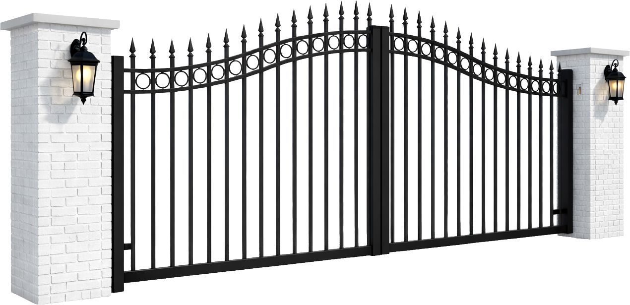 Black wrought-iron double gate with decorative spikes between white brick pillars and wall lanterns