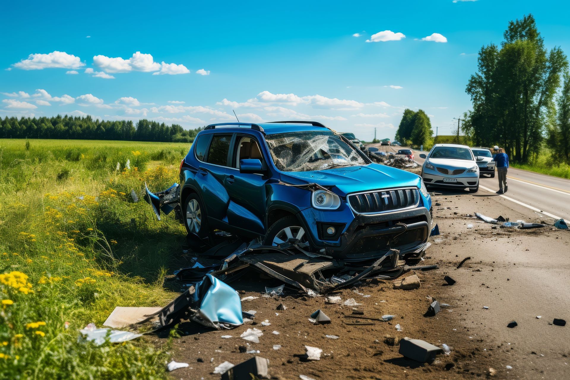 A blue suv is sitting on the side of the road after a car accident.