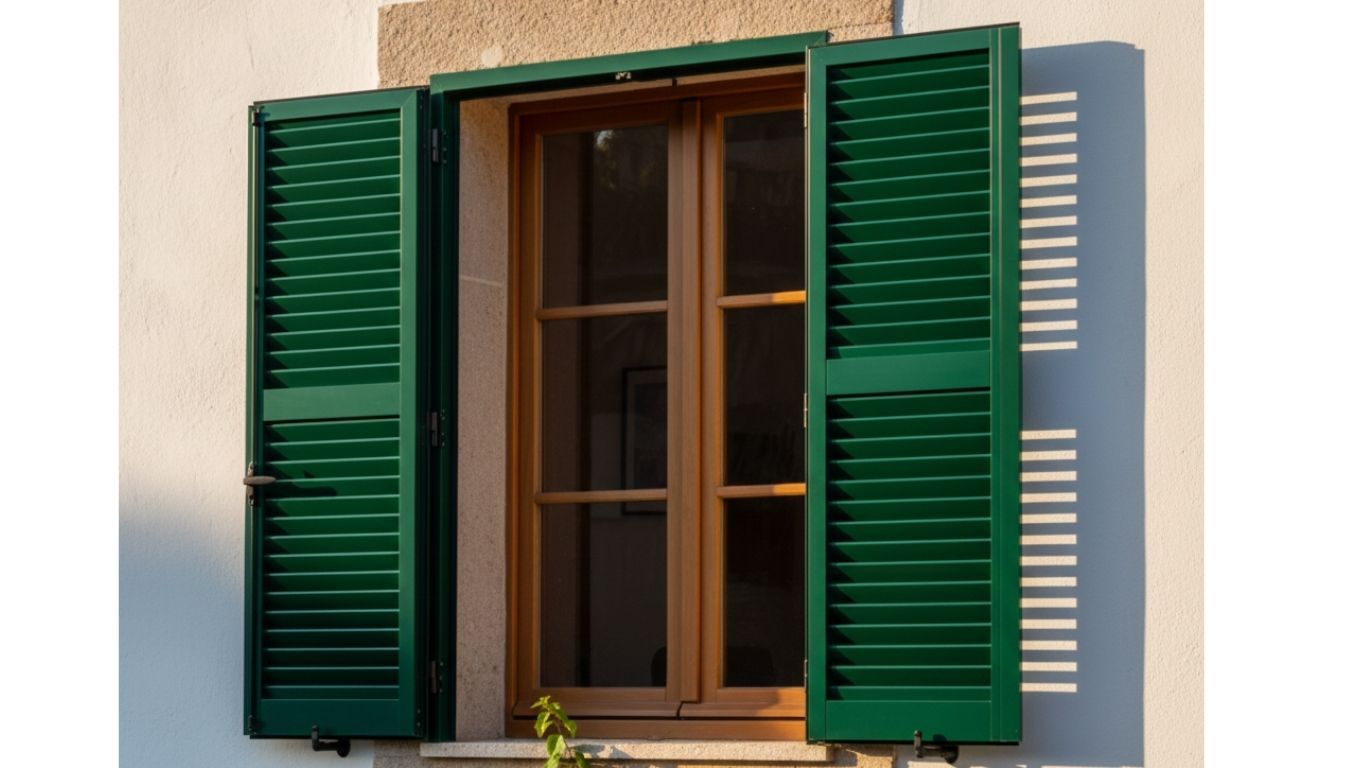 Vista exterior de janela em pvc cinza antracite com portada de lâminas fixas aberta