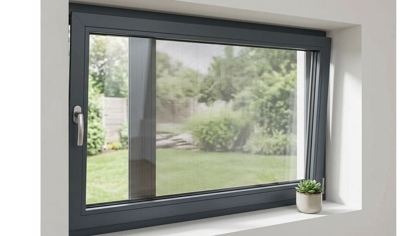 Vista exterior de janela em pvc cinza antracite com rede mosquiteira -instalad