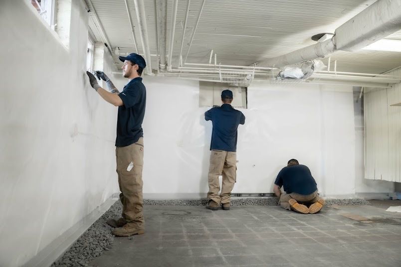 Three workers in a basement, installing wall panels and flooring.