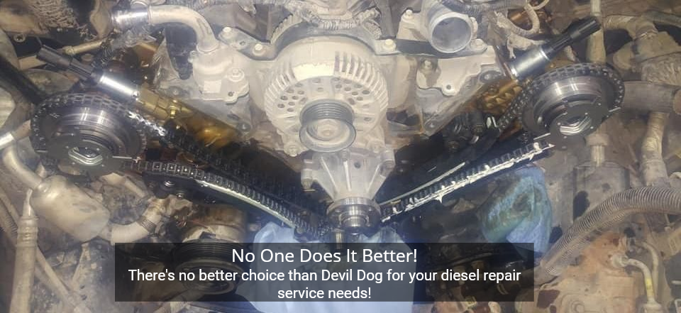 Engine repair advertisement with text overlay.