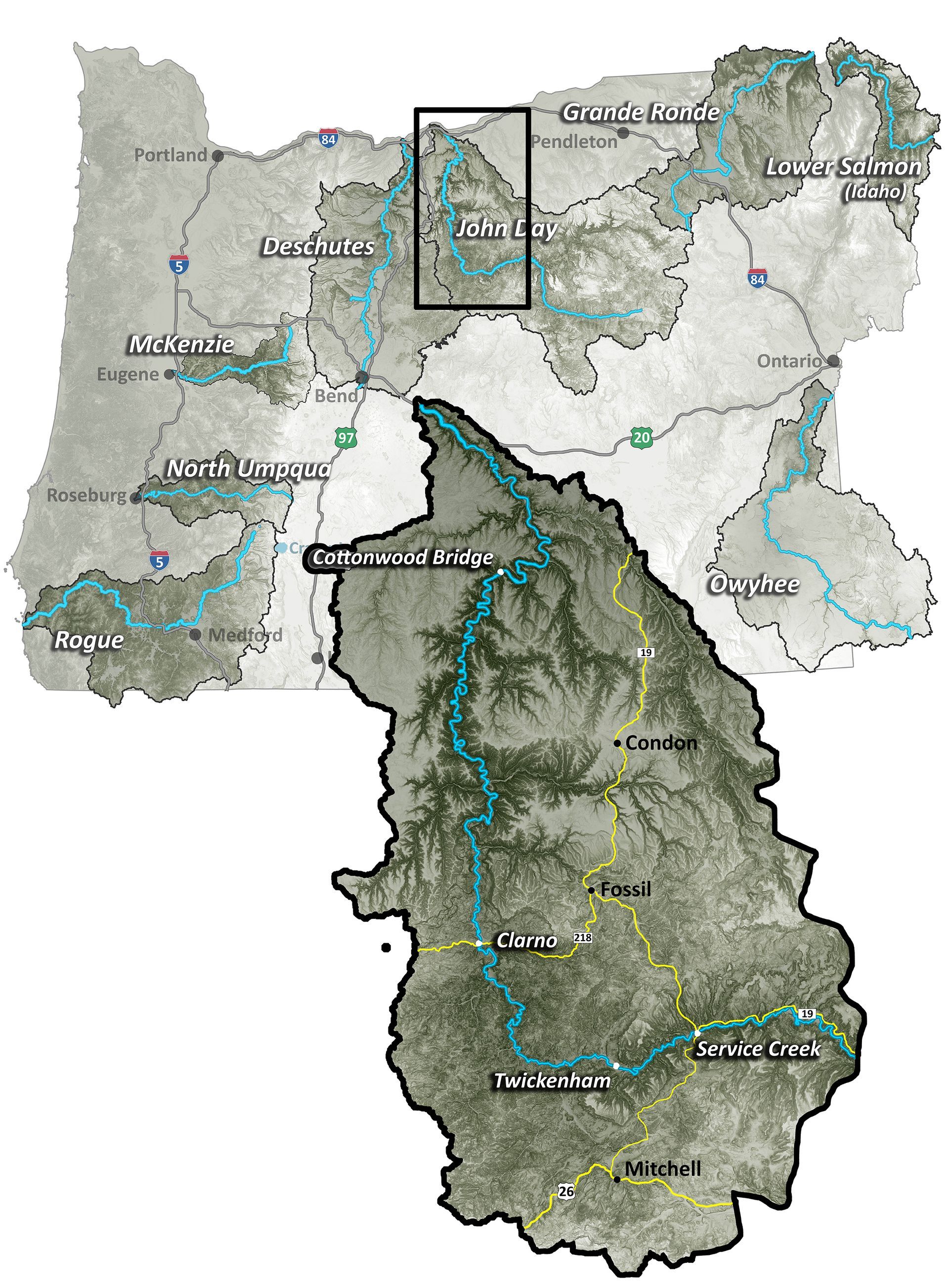a map showing the John Day River drainage