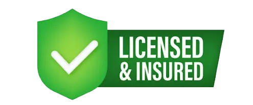 A green shield with a check mark on it and the words `` licensed and insured ''.