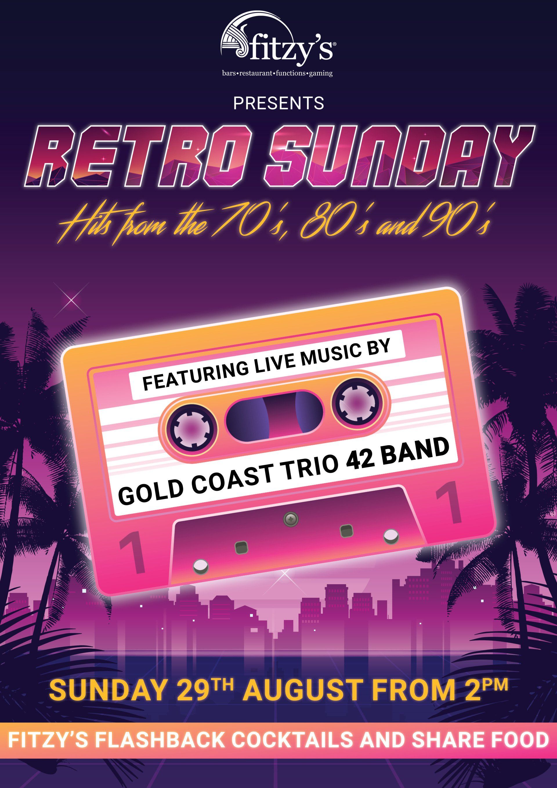 A poster for a retro sunday featuring live music by gold coast trio 42 band
