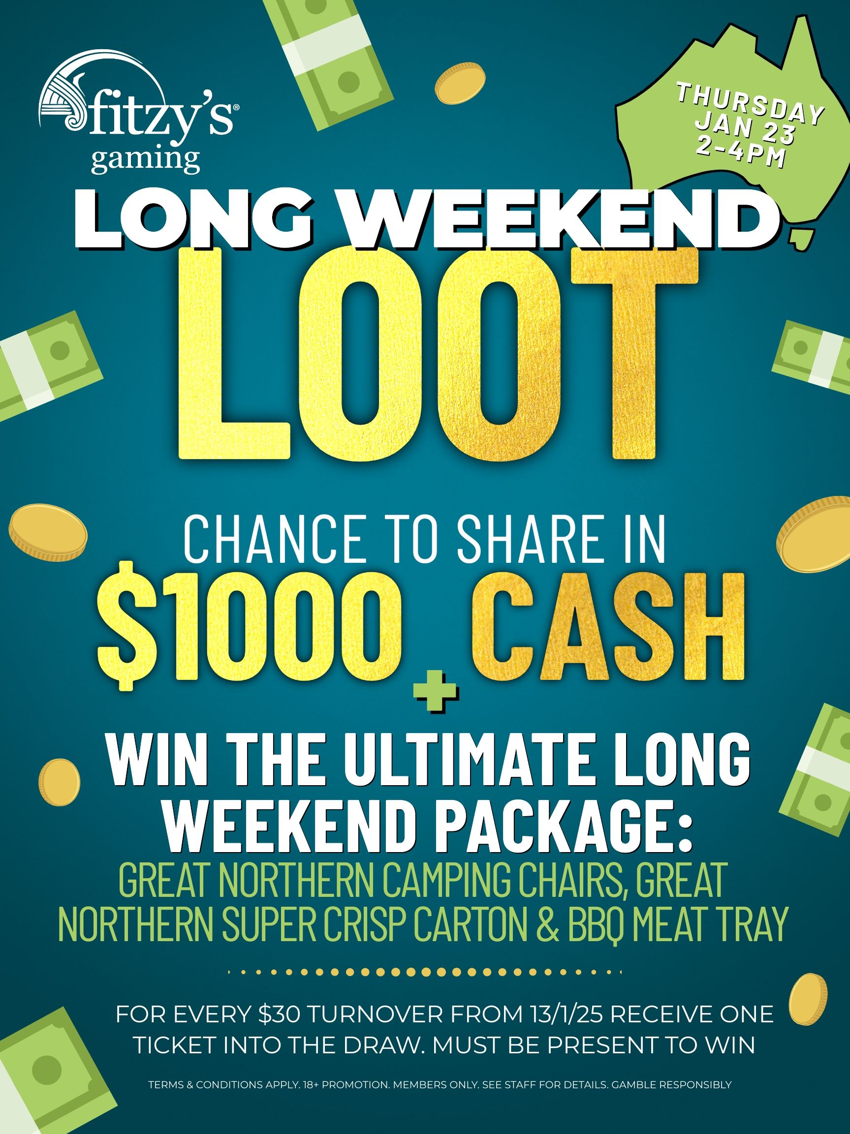 A poster for long weekend loot with a chance to share in $ 1000 cash