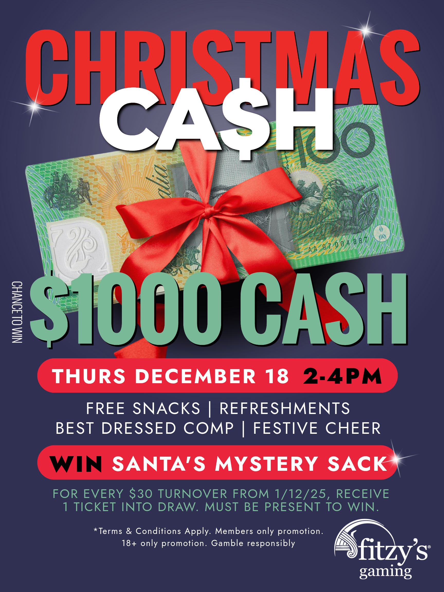 Christmas Cash event flyer: $1000 cash giveaway, Thursday December 18, 2-4PM, free snacks, best dressed comp.