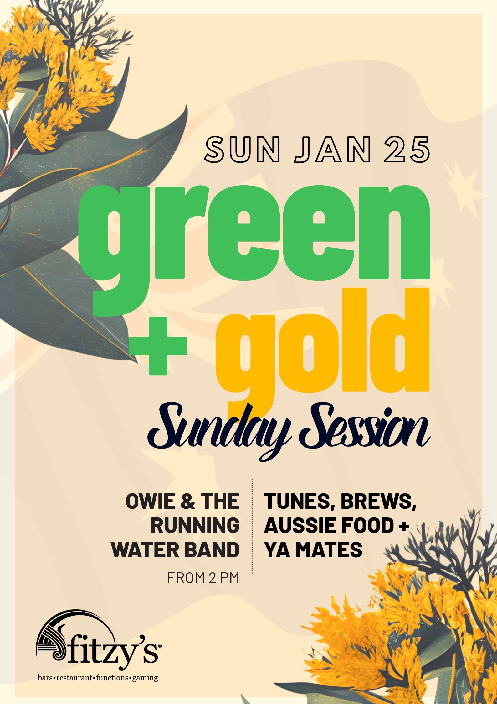 A poster for a green and gold party on january 26