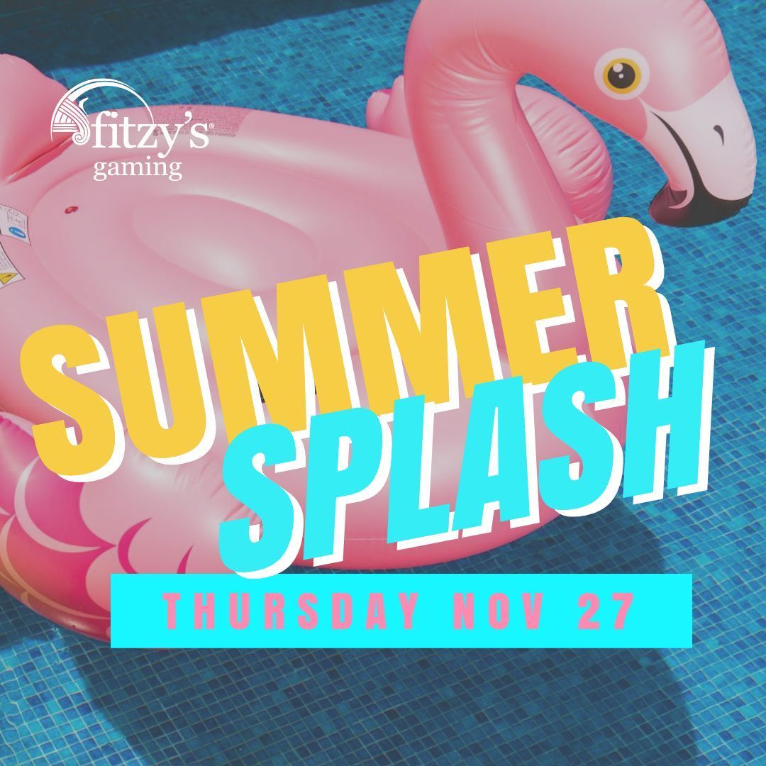 Summer Splash event ad: flamingo pool float, blue pool, text 