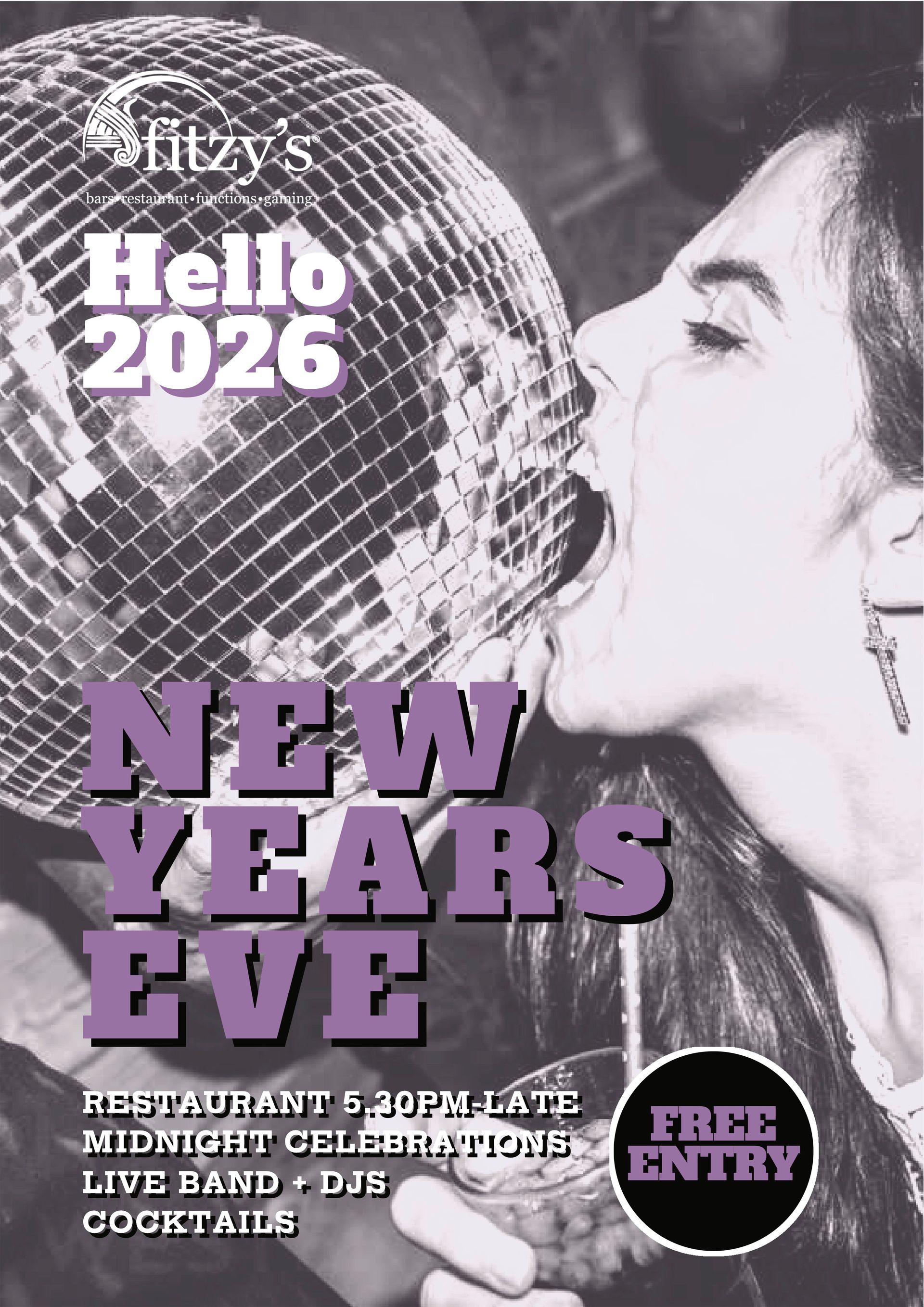 A poster for a new year 's eve party with a disco ball on it.