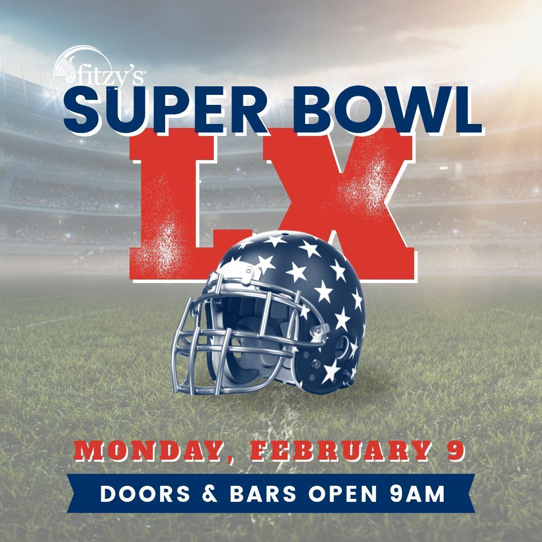 Super Bowl LX event flyer. Football helmet, red and white text, on a green field.