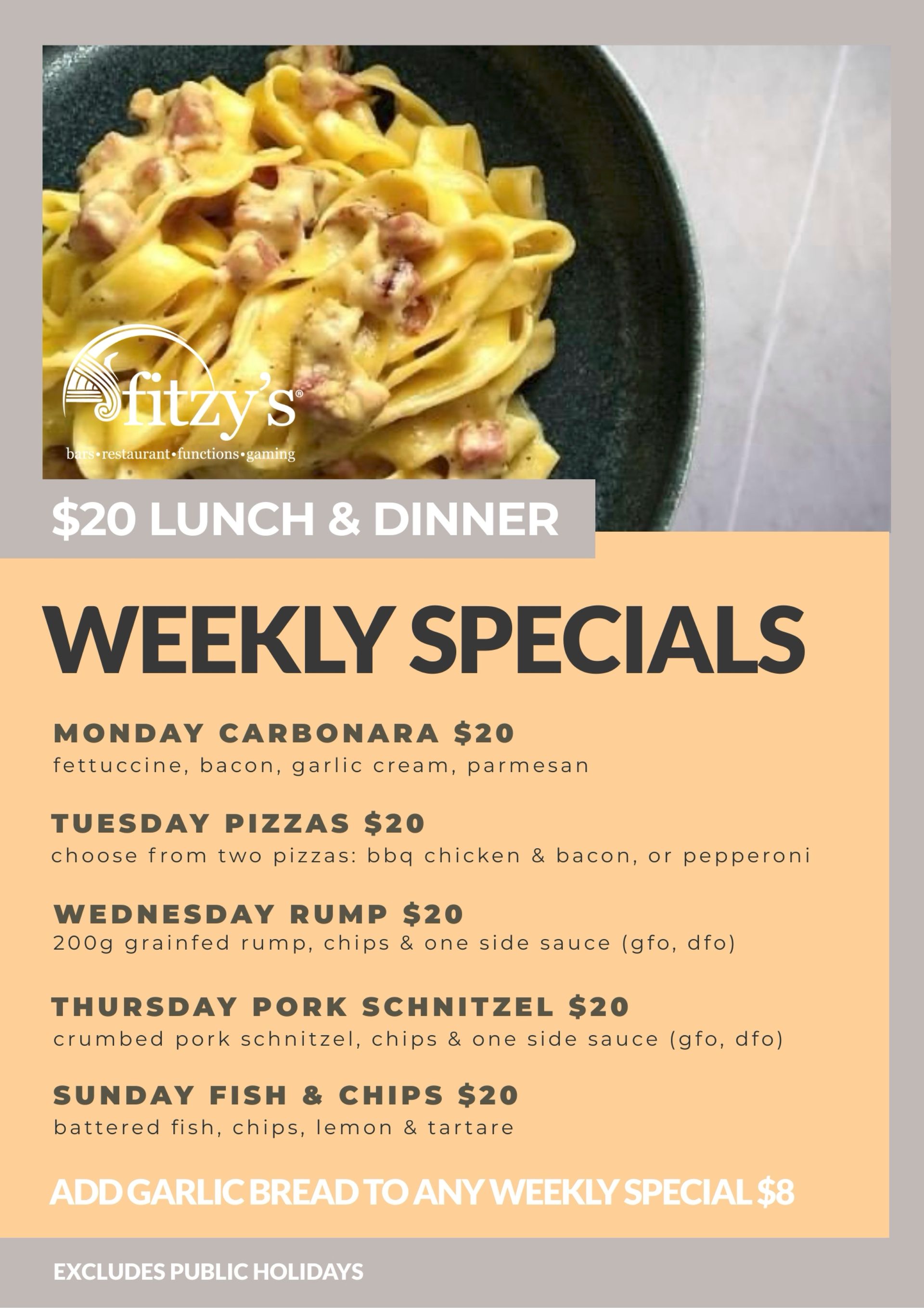 A weekly specials menu for a restaurant with a bowl of food on it.