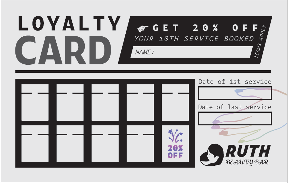 A loyalty card that says get 20 % off your 10th service booked