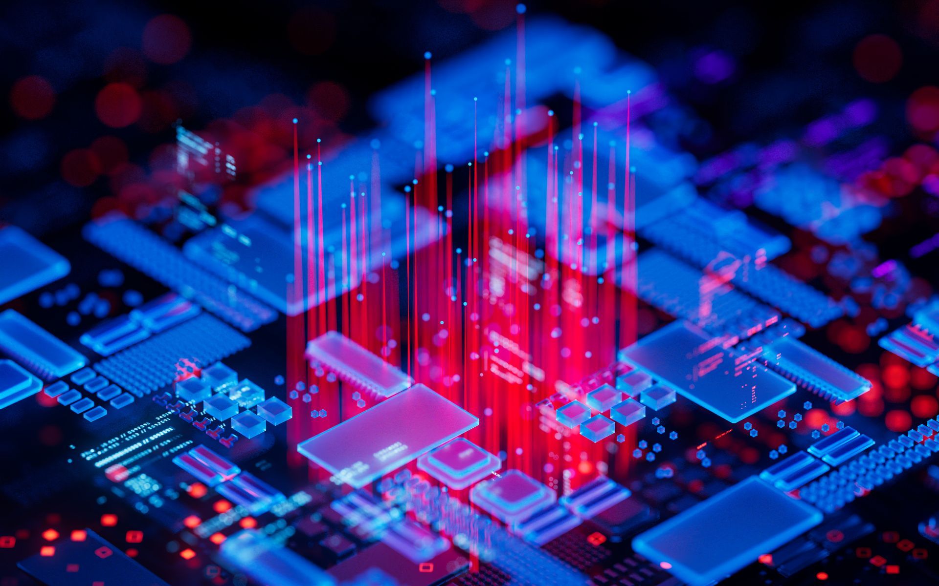 Glowing red data beams rising from a blue circuit board, suggesting digital network activity