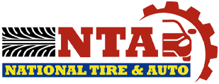 A logo for national tire and auto with a gear on it