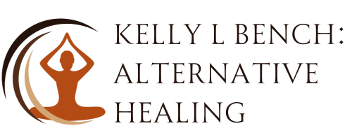 A logo for kelly l bench alternative healing with a person in a yoga pose.