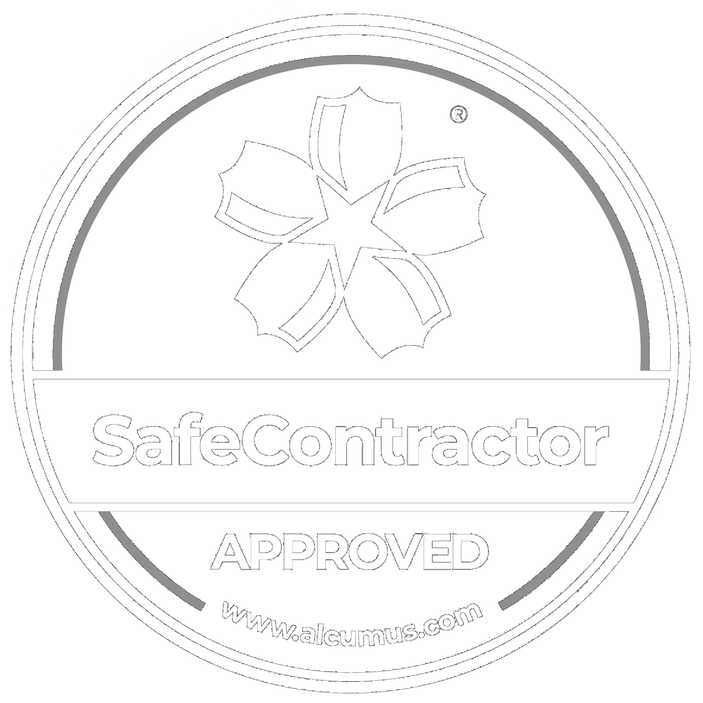 A black and white logo with a flower in the middle of a circle. Safe Contractor Logo