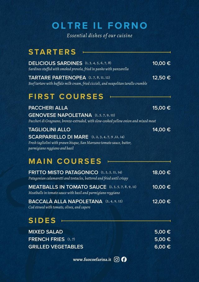 Un menù di ristorante di colore blu scuro intitolato Oltre il Forno, che elenca le categorie tra cui antipasti, primi, secondi e contorni.