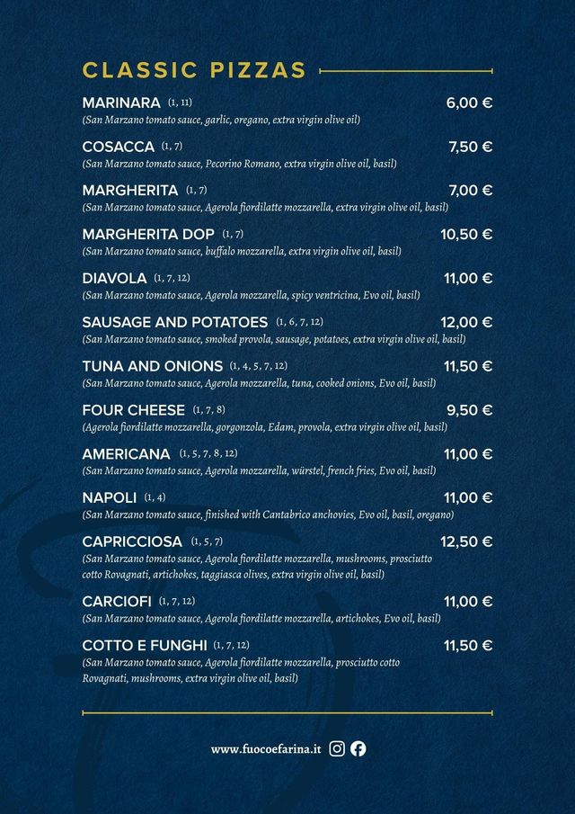 Un menù blu scuro che elenca prezzi e ingredienti per dodici tipi di pizze classiche.