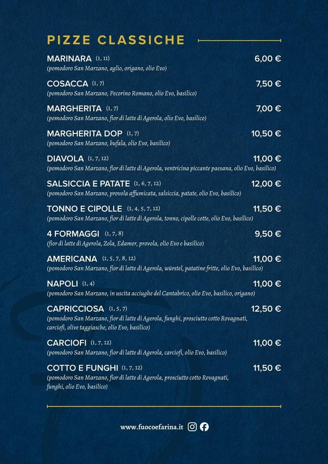 Un menù blu scuro che elenca le varietà classiche di pizza con i relativi prezzi, tra cui Margherita, Diavola e Capricciosa.