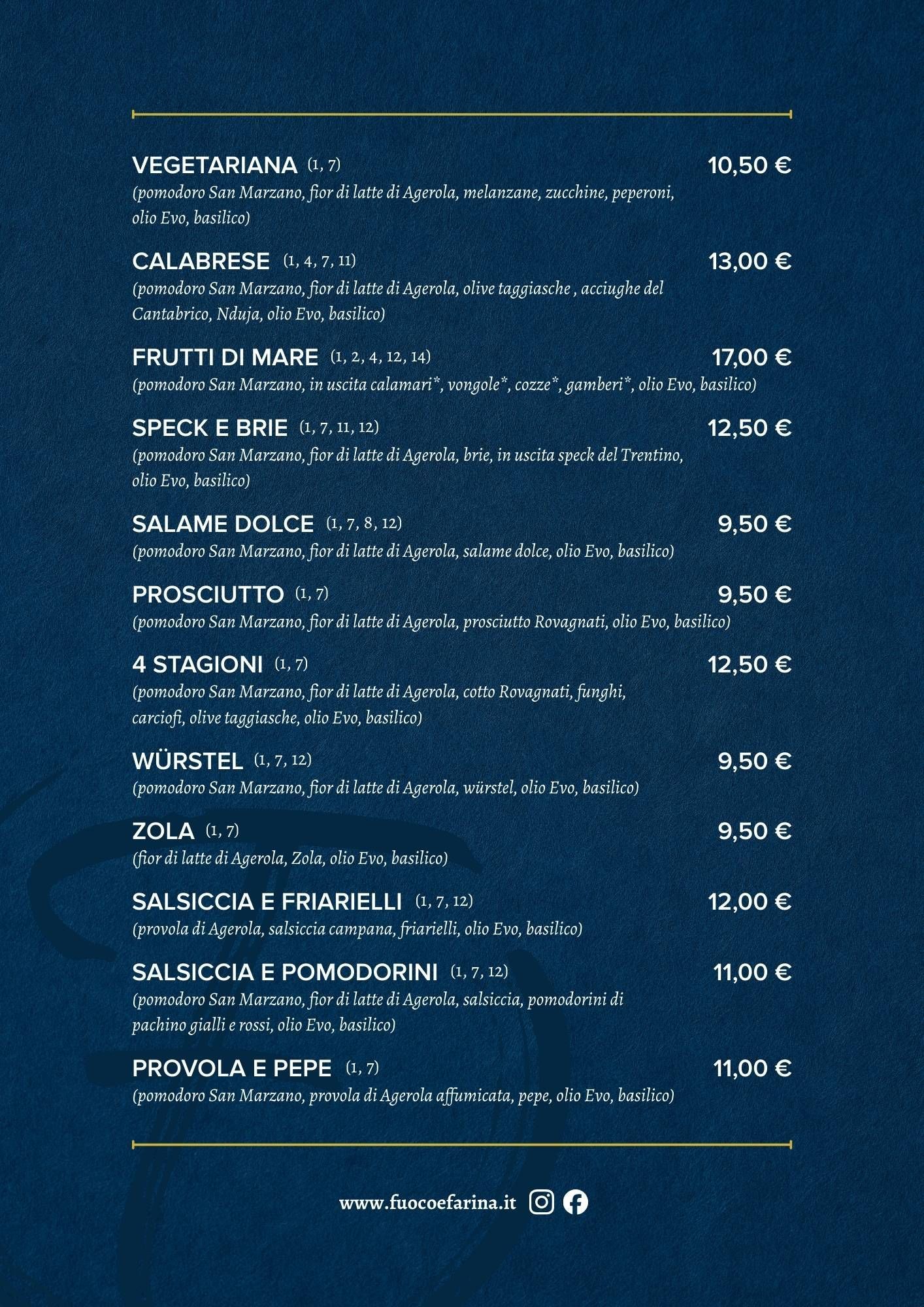 Un menù di ristorante di colore blu scuro che elenca undici varietà di pizza con ingredienti e prezzi in euro.