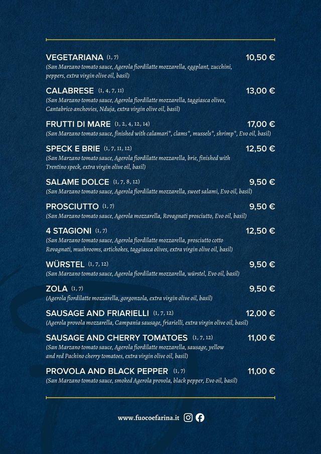 Un menù di ristorante di colore blu scuro che elenca varie opzioni di pizza con i relativi prezzi, dalla Vegetariana alla Provola e al Pepe Nero.