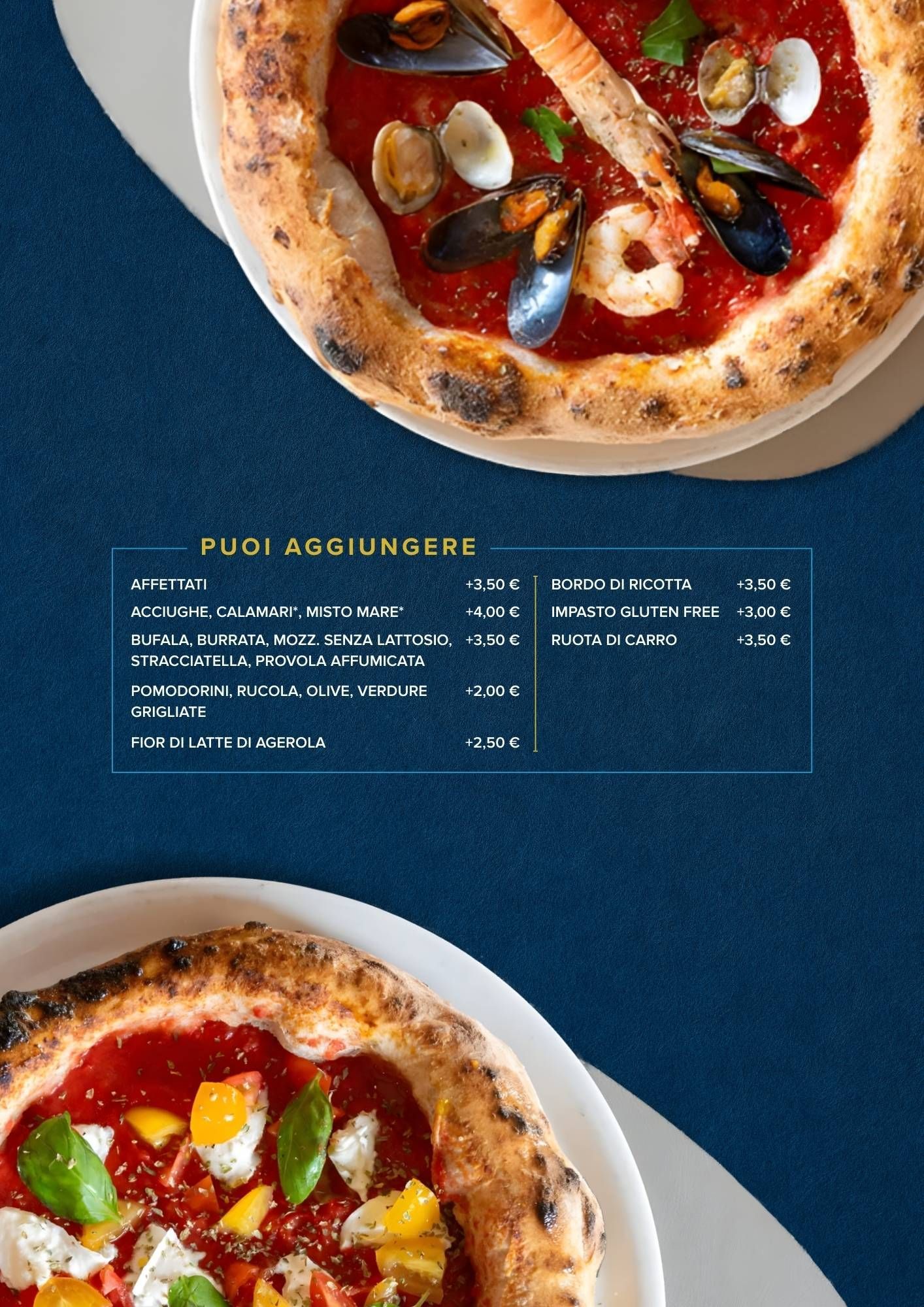 Un menù di ristorante con due pizze mostrate in alto e in basso, e un elenco di ingredienti aggiuntivi al centro.