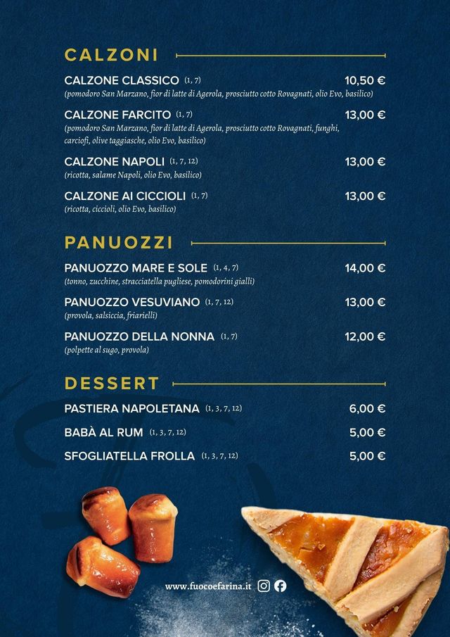 Menù di Calzoni, Panuozzi e dessert con immagini di babà e una fetta di crostata su sfondo blu scuro.