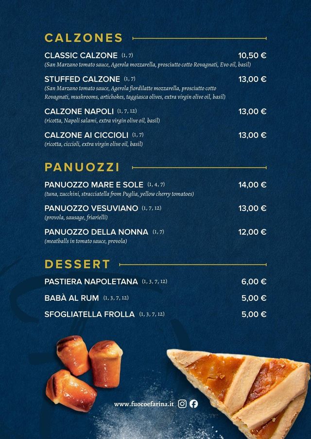 Menù di calzoni, panuozzi e dessert su sfondo blu scuro con immagini di babà al rum e pastiera napoletana.