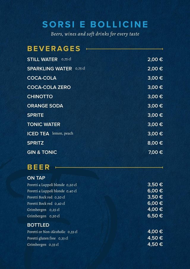 Un menù blu intitolato Sorsi e Bollicine che elenca i prezzi di varie bevande e birre.