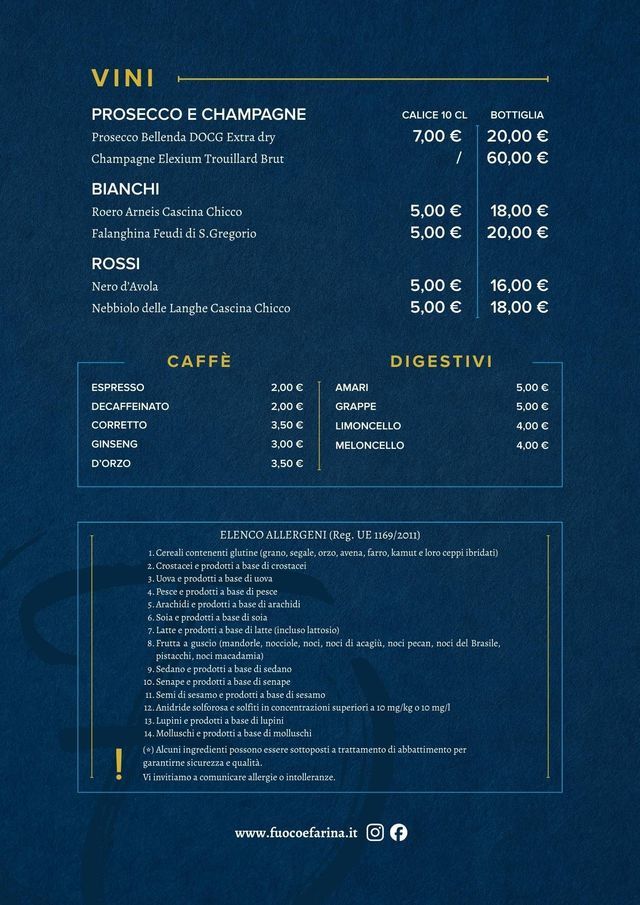Un menù con sezioni dedicate a vini, caffè e digestivi, e un elenco di informazioni sugli allergeni su sfondo blu scuro.