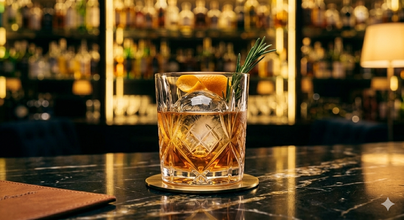 Un cocktail a base di whisky servito in un bicchiere di cristallo con una grande sfera di ghiaccio, scorza d'arancia e guarnizione di erbe aromatiche su un bancone di marmo.