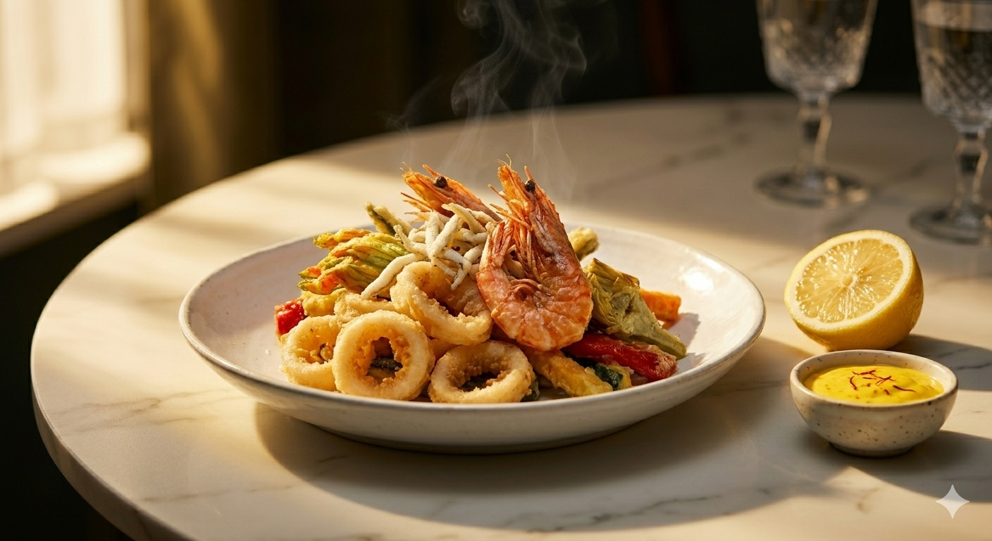 Un filetto di pesce bianco scottato in padella, servito su un piatto bianco con spinaci saltati, pomodori, capperi e pinoli.