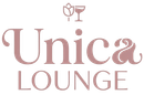 Logo per Unica Louge, ristorante e lounge bar, caratterizzato da un'icona stilizzata sopra un elegante testo rosa tenue.
