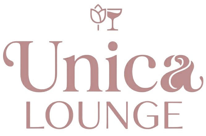 Logo per Unica Louge, ristorante e lounge bar, caratterizzato da un'icona stilizzata sopra un elegante testo rosa tenue.
