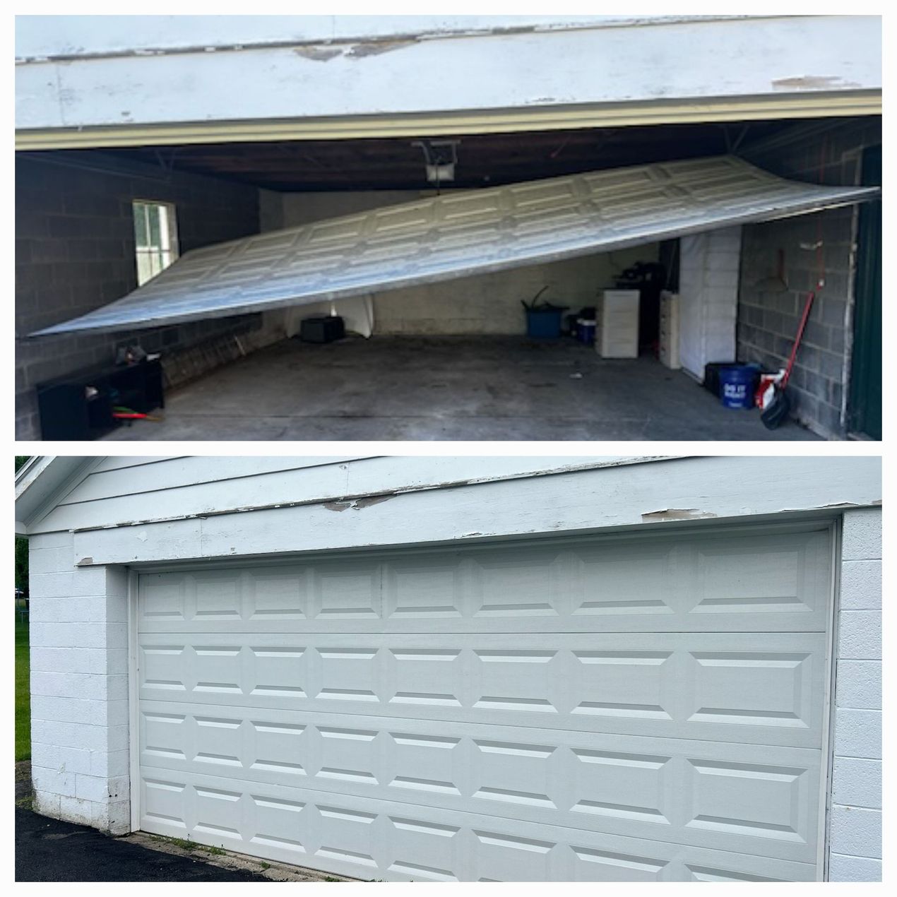 A before and after picture of a garage door that is open and closed.