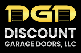 The logo for discount garage doors llc is black and yellow