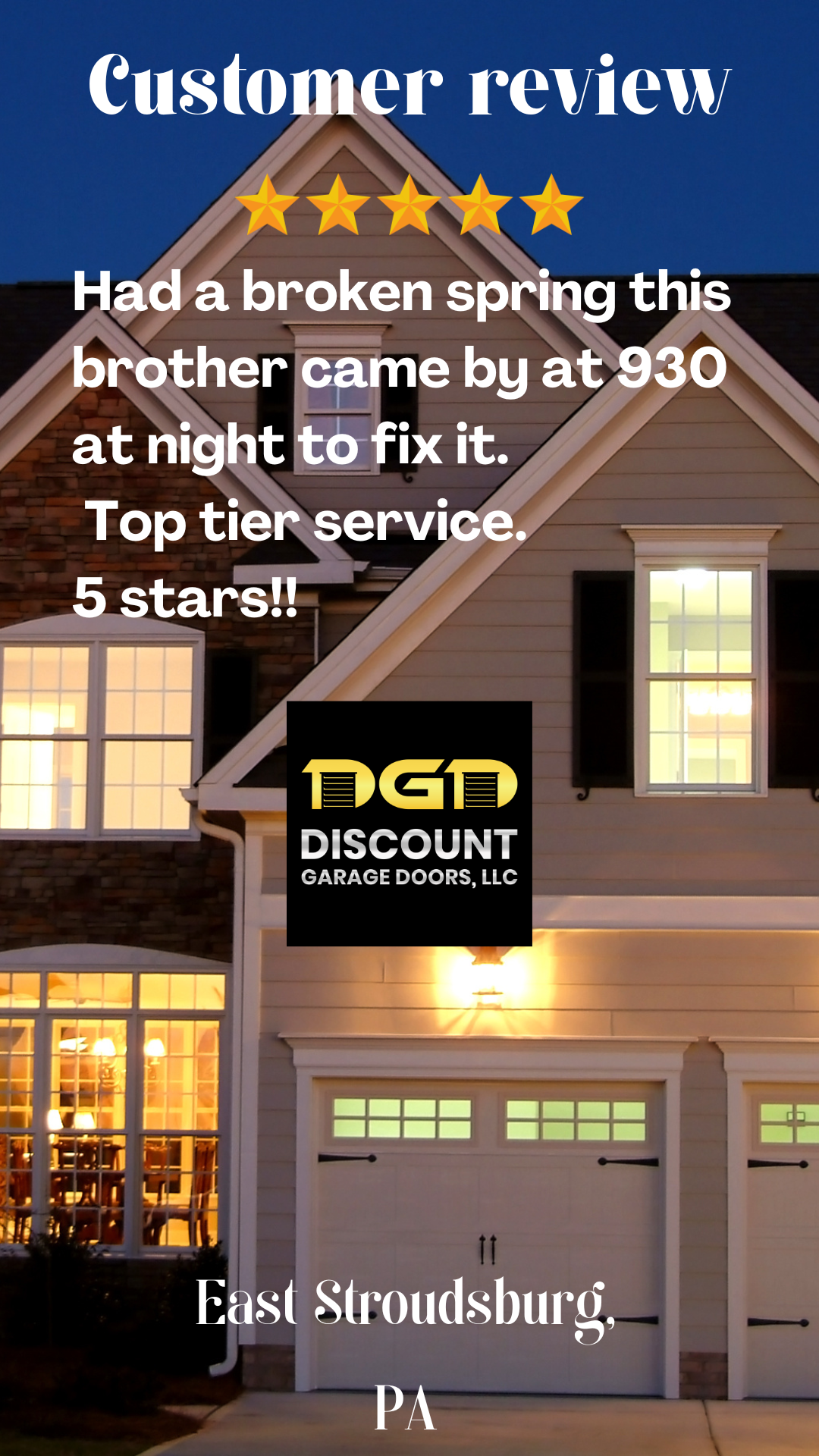 A house with a blue roof and a yellow door is on a website for discount garage doors llc.