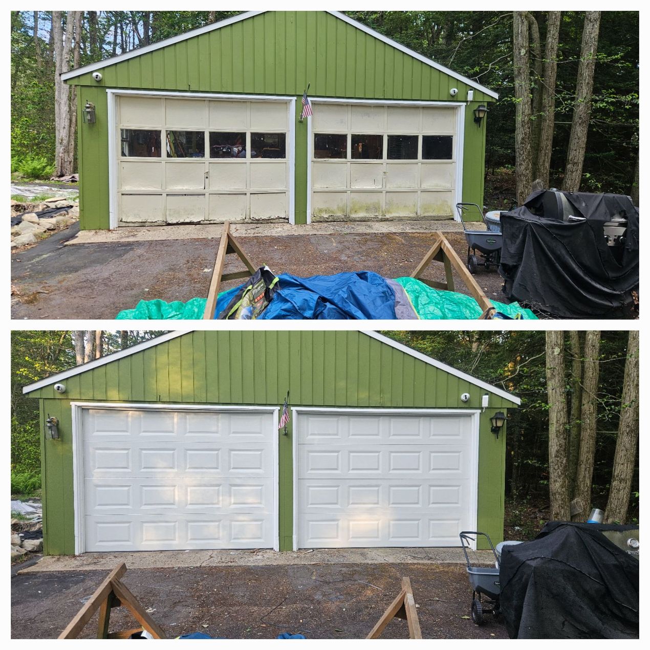 A before and after picture of a green garage with white garage doors.