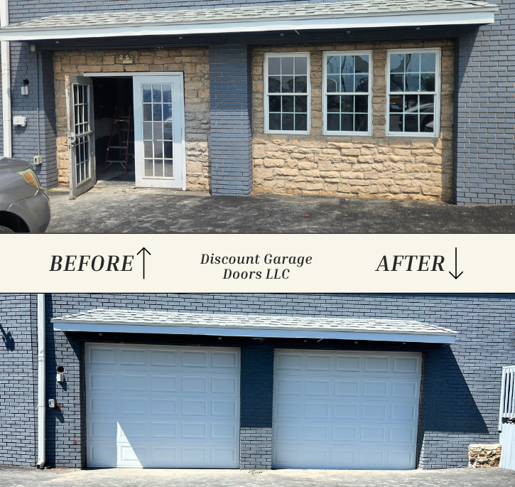 a before and after picture of a double garage door installation in hazleton pa