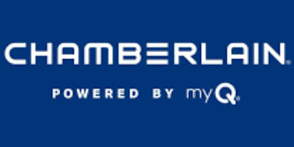 A blue logo for chamberlain powered by myq