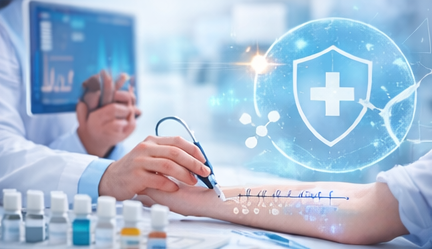 Medico che esegue un test cutaneo per le allergie, con fiale e una sovrapposizione grafica di uno scudo sanitario digitale.